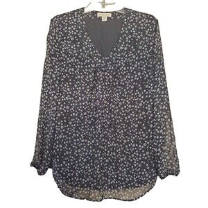 Coldwater Creek Black Dotted V-Neck Long Sleeve Chiffon Lined Blouse Size Medium